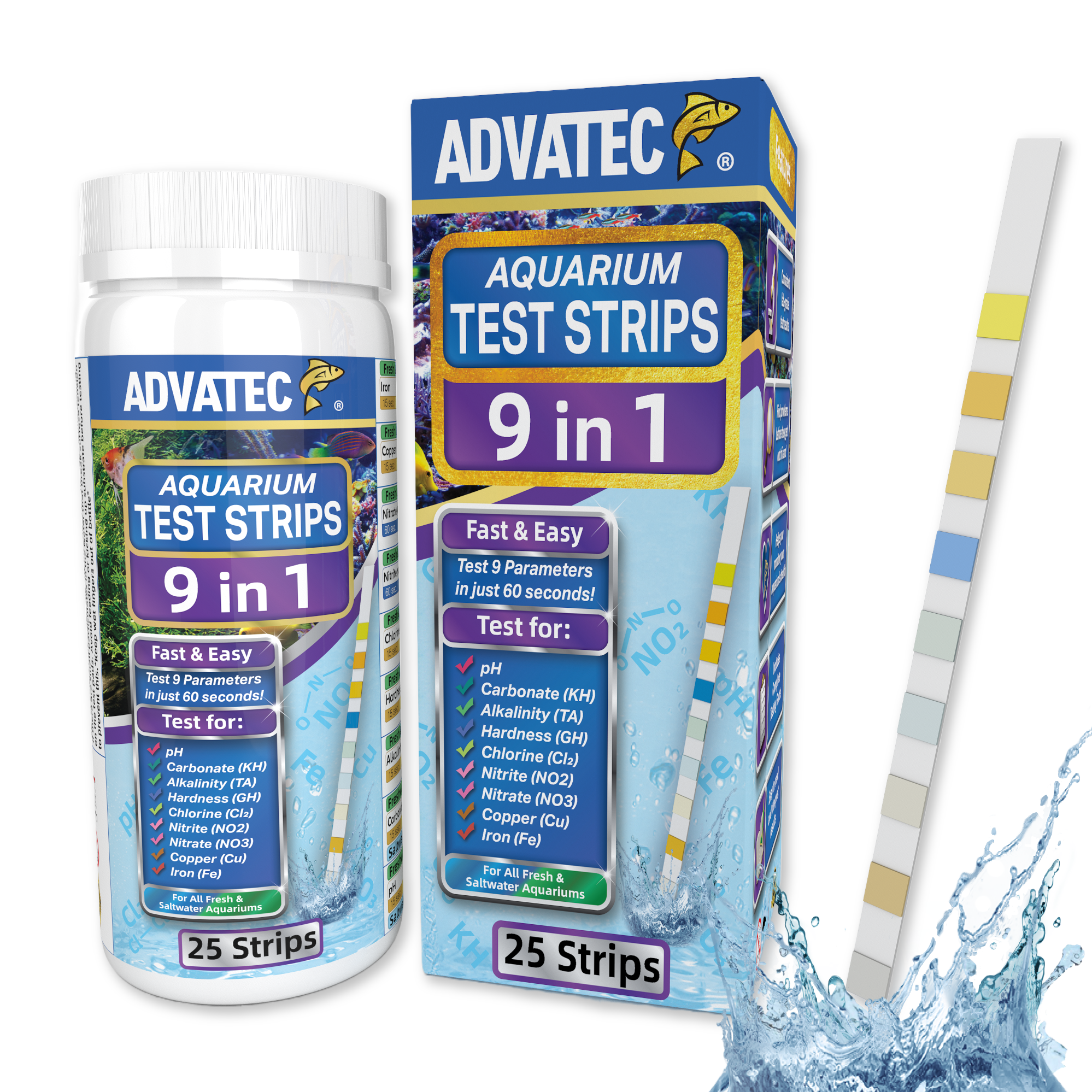 Advatec 9 in 1 Aquarium Test Strips - For Fresh & Saltwater Aquariums